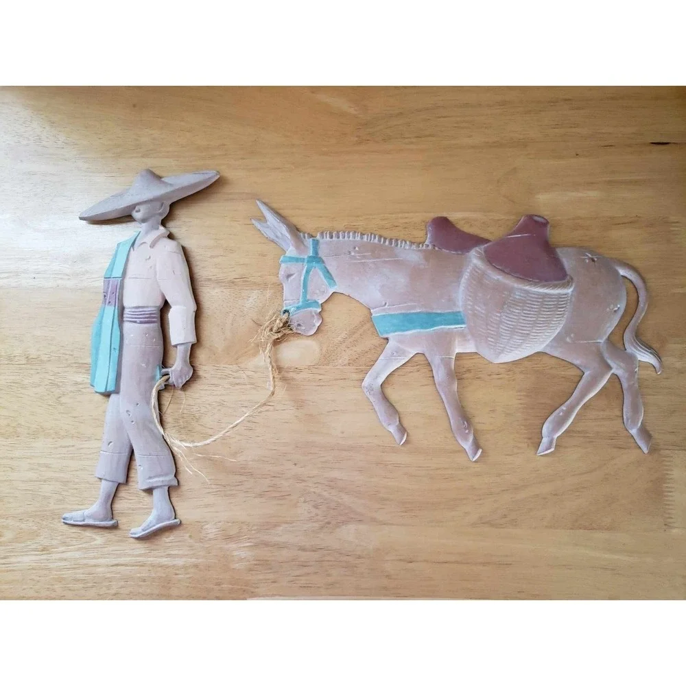 Southwestern Metal Wall Art Mexican Folk Scene Man Donkey Plaque
